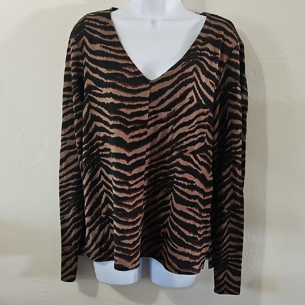 Sanctuary Brown & Black Zebra V-Neck Long Sleeve Top